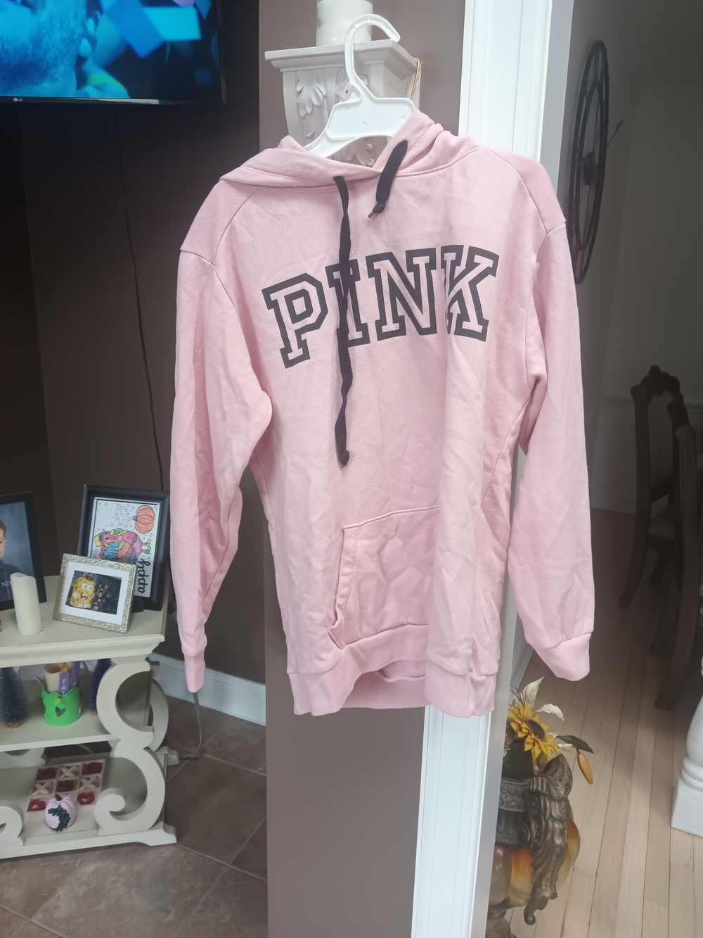 PINK Light Pink Pullover Hoodie with Black Drawstrings